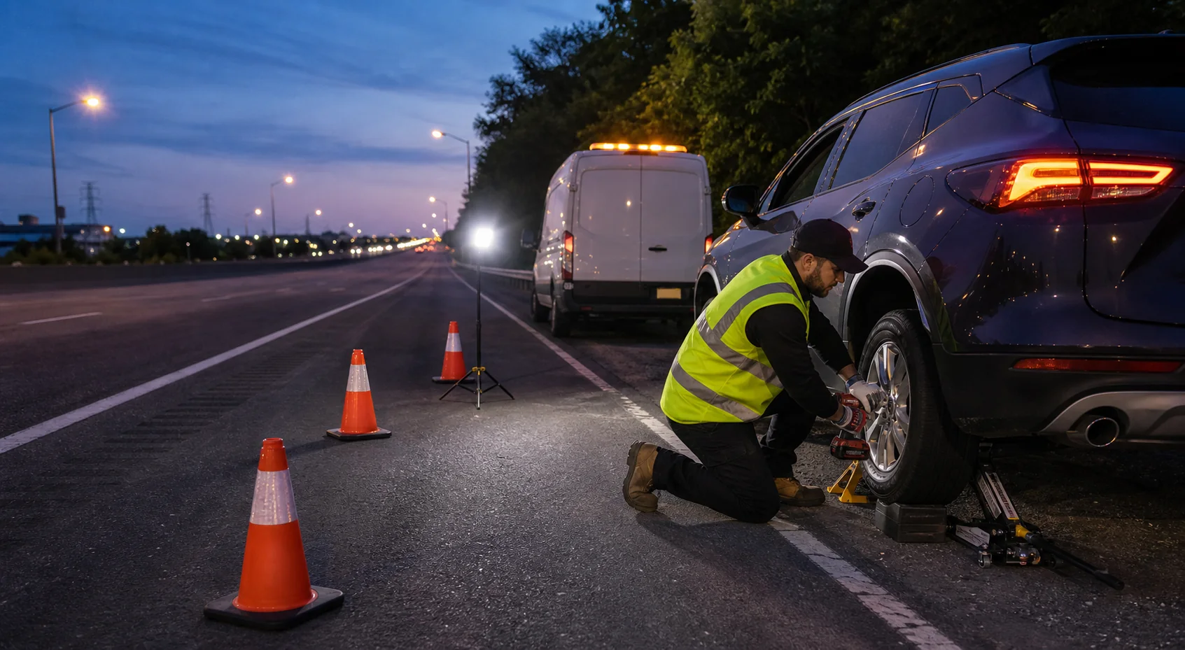 Emergency mobile tire technician working in a lit highway shoulder safety zone