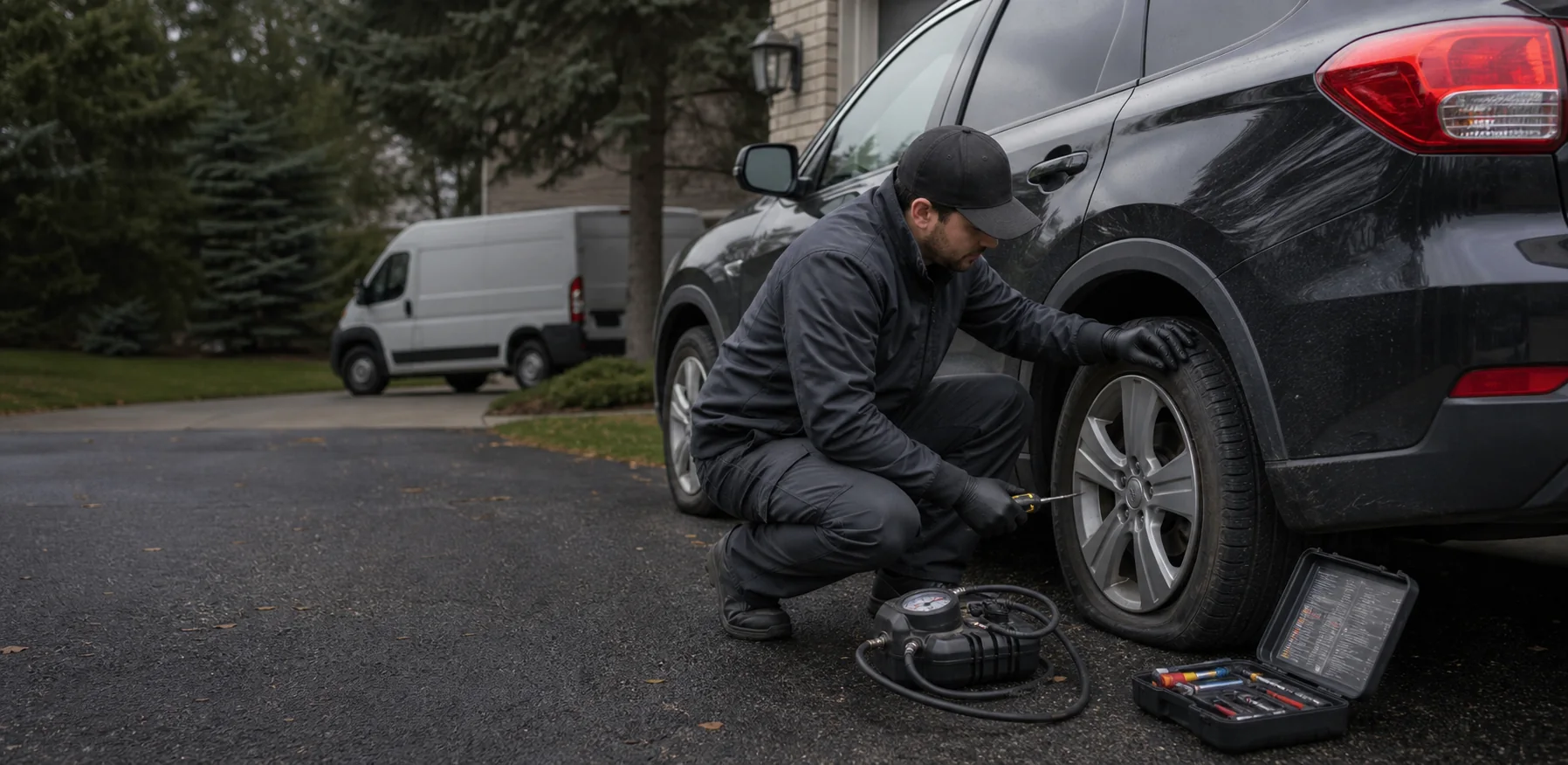 Technician assessing a visibly flat tire at an Ontario driveway