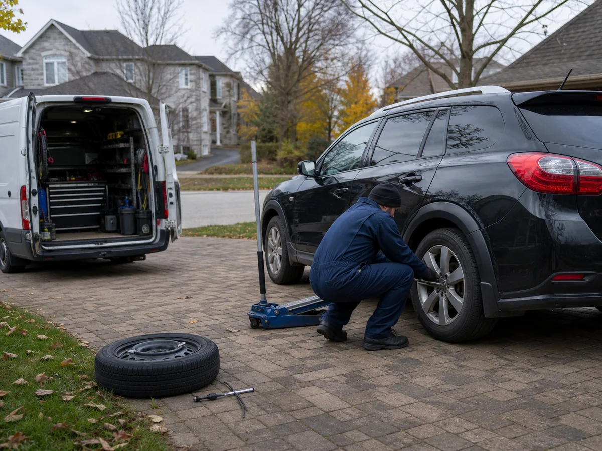 Mobile seasonal tire service in a driveway
