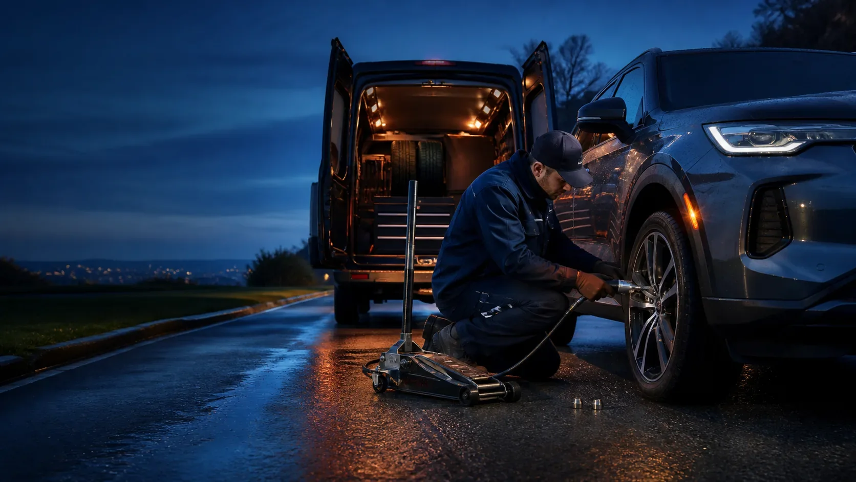 Mobile tire technician servicing a vehicle at an Ontario property