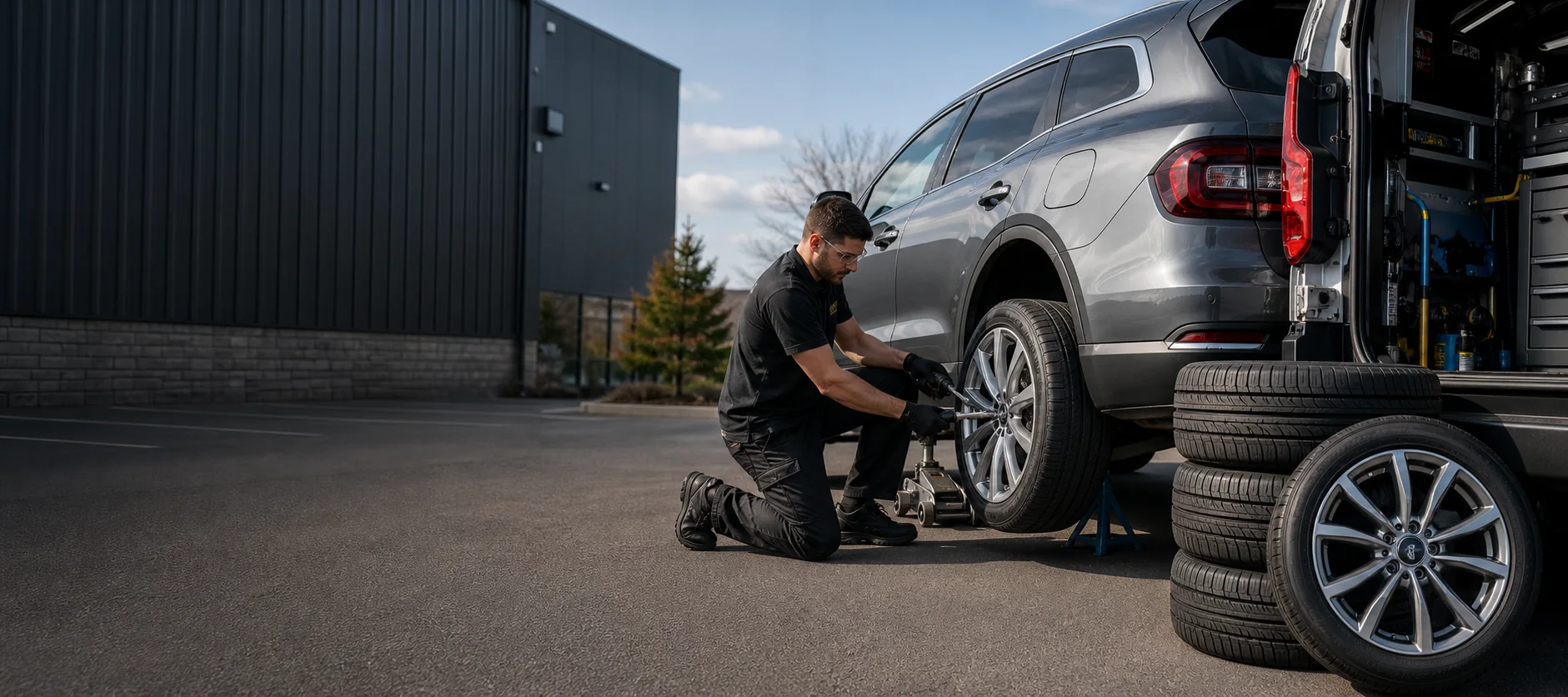 Technician installing new tires from a professional mobile service van