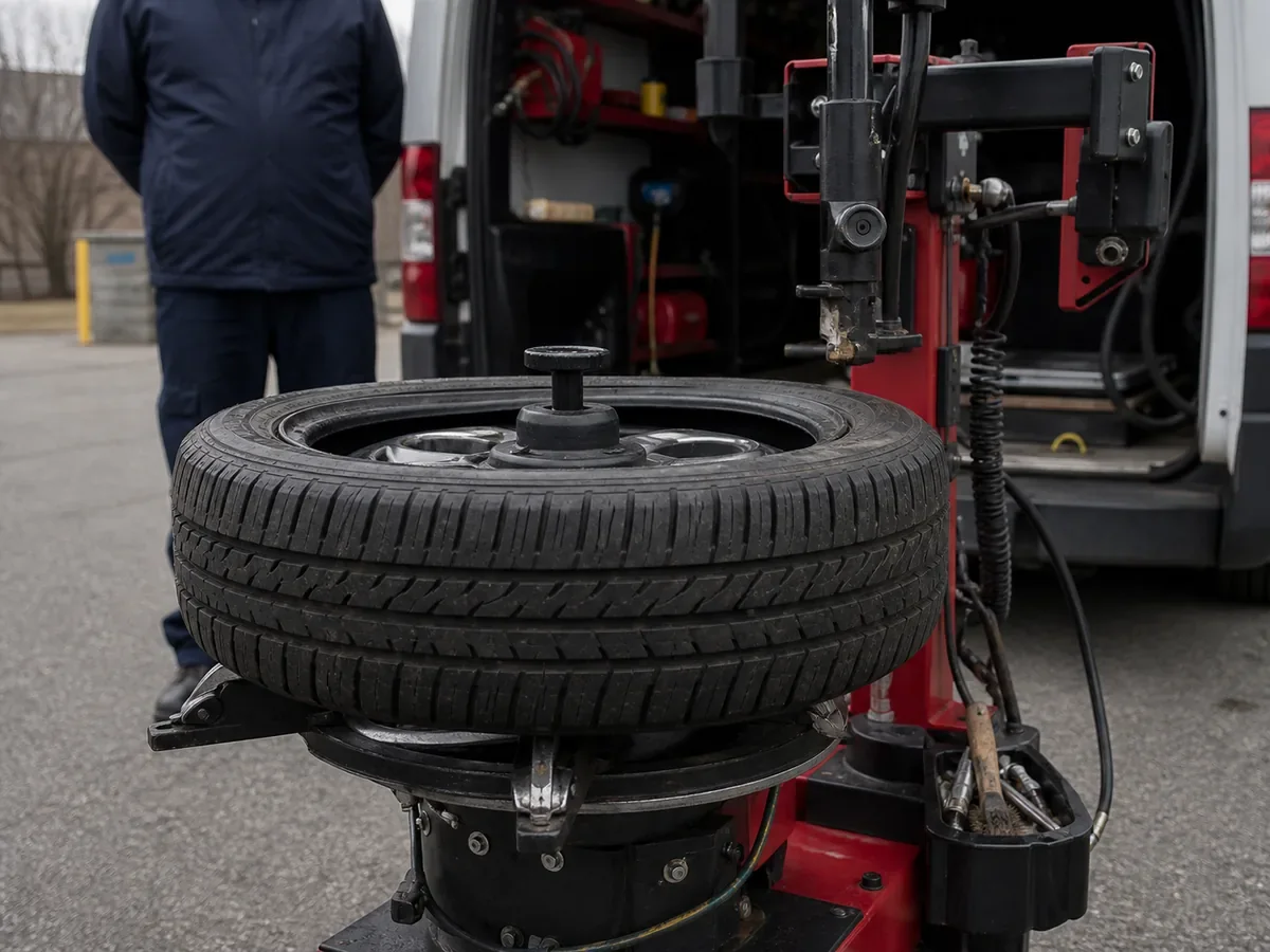Technician using mobile tire mounting equipment for off-rim service