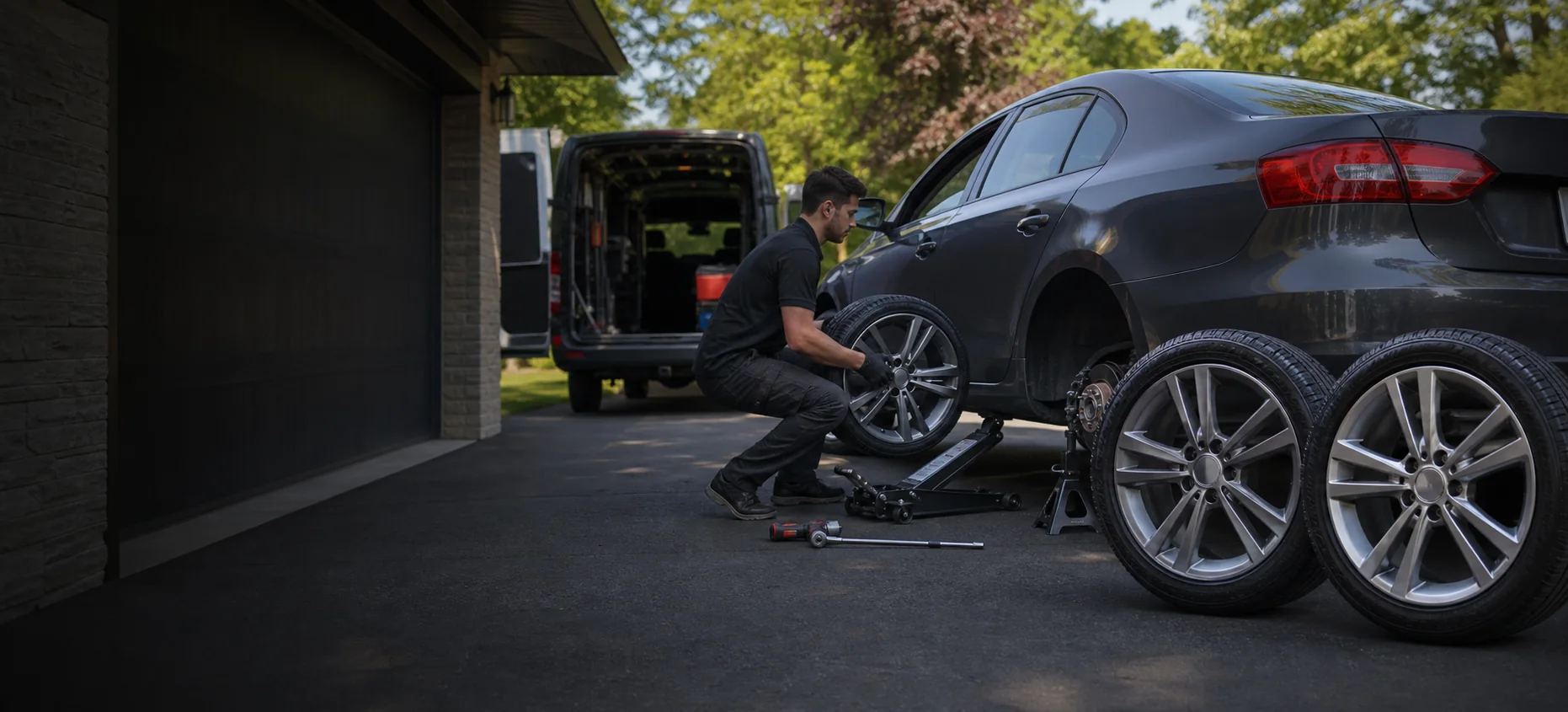 Complete mounted wheel assemblies ready for an on-rim mobile tire change